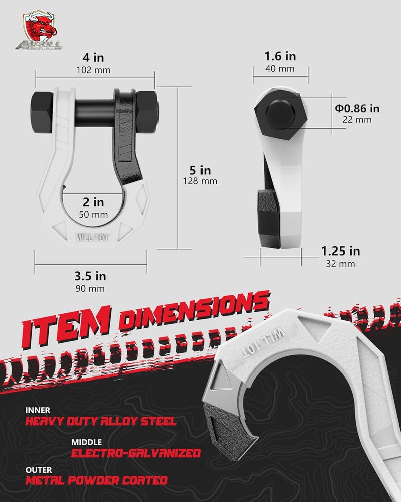 AMBULL 3/4" D Ring Separate Shackles, 52,910lbs Break Strength Easy Open Towing Winch Shackles, Heavy Duty Shackles with 7/8" Screw Pin for Tow Strap Winch Off Road Vehicle Recovery (Blackwhite) - Image 3